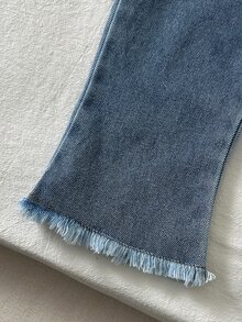 SHEIN Playful Pals 2pcs Cute Toddler Baby Girl School Clothes, Casual Cotton Blue Striped 2-In-1 Ruffle T-Shirt & Flare Denim Jeans Autumn Outfit - Grey - View 5