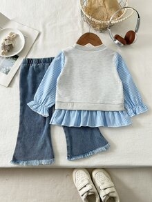 SHEIN Playful Pals 2pcs Cute Toddler Baby Girl School Clothes, Casual Cotton Blue Striped 2-In-1 Ruffle T-Shirt & Flare Denim Jeans Autumn Outfit - Grey - View 2