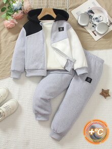 Elladie kids 幼兒秋冬配色拼接連帽拉鍊運動衫與休閒慢跑長褲套裝，校園中性男女童適用，男孩女孩秋季款 - 彩色 - 查看 5
