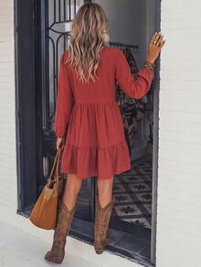 LanaWest Women's 100% Cotton Rusty Red V-Neck Contrast Color Heavy Embroidery Petal Sleeve Elastic Cuff Loose Long Sleeve A-Line Short Dress Western Casual Youthful Retro Doll Dress LilyWest - Redwood - View 2