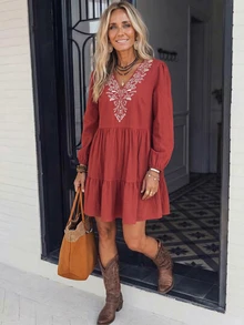 LanaWest Women's 100% Cotton Rusty Red V-Neck Contrast Color Heavy Embroidery Petal Sleeve Elastic Cuff Loose Long Sleeve A-Line Short Dress Western Casual Youthful Retro Doll Dress LilyWest - Redwood - View 7