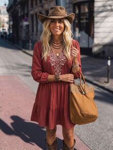 LanaWest Women's 100% Cotton Rusty Red V-Neck Contrast Color Heavy Embroidery Petal Sleeve Elastic Cuff Loose Long Sleeve A-Line Short Dress Western Casual Youthful Retro Doll Dress LilyWest - Redwood - View 5