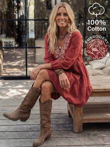 LanaWest Women's 100% Cotton Rusty Red V-Neck Contrast Color Heavy Embroidery Petal Sleeve Elastic Cuff Loose Long Sleeve A-Line Short Dress Western Casual Youthful Retro Doll Dress LilyWest - Redwood - View 1