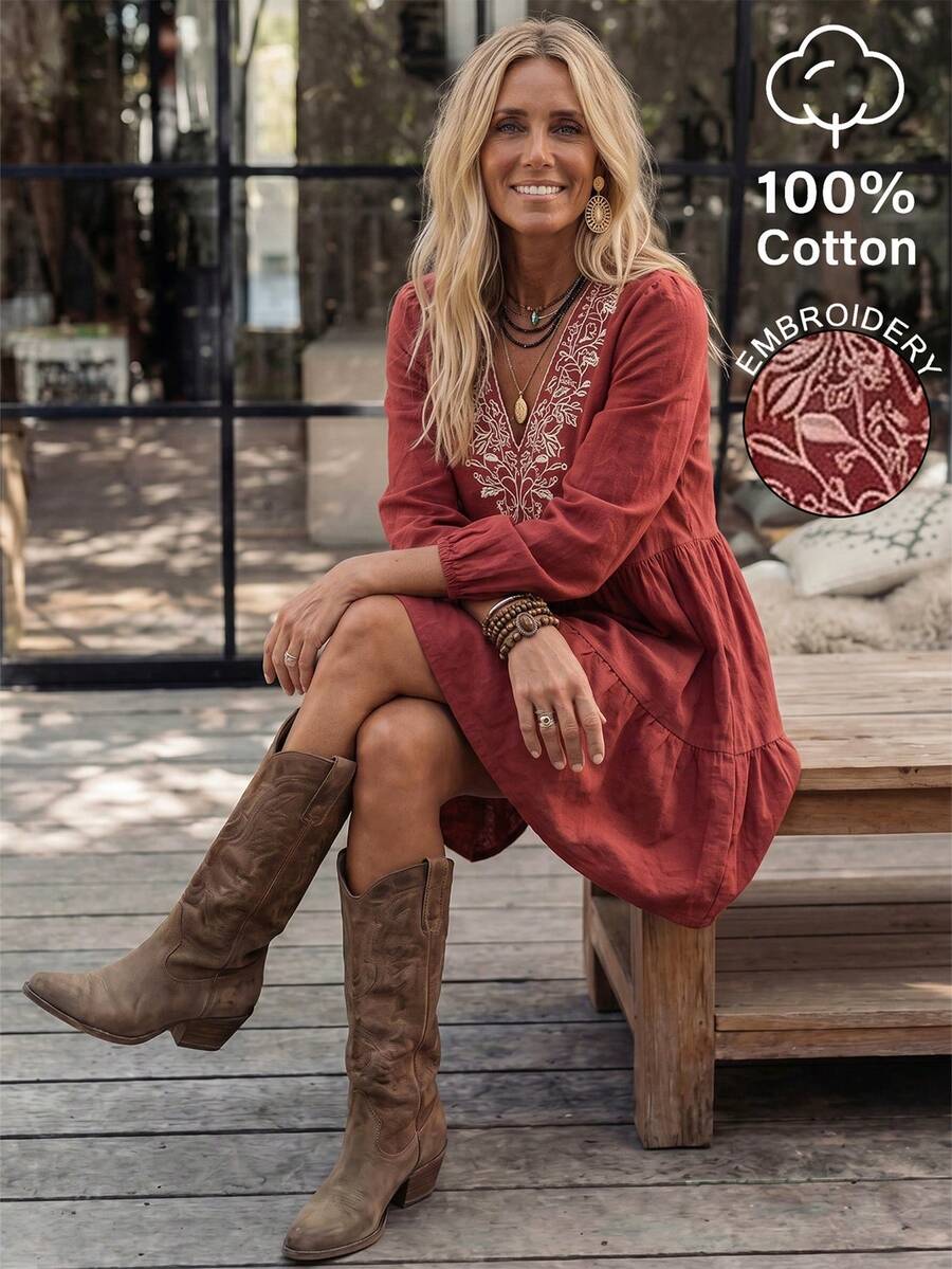LanaWest Women's 100% Cotton Rusty Red V-Neck Contrast Color Heavy Embroidery Petal Sleeve Elastic Cuff Loose Long Sleeve A-Line Short Dress Western Casual Youthful Retro Doll Dress LilyWest - Redwood - View 1