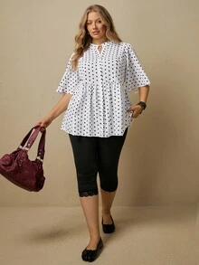 Freevana Plus Size Black And White Peplum Blouse With Button Front And Flared Short Sleeves For Summer Work Brunch Morning Casual Elegant - White - View 7