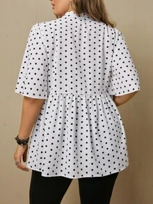 Freevana Plus Size Black And White Peplum Blouse With Button Front And Flared Short Sleeves For Summer Work Brunch Morning Casual Elegant - White - View 2