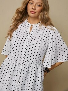 Freevana Plus Size Black And White Peplum Blouse With Button Front And Flared Short Sleeves For Summer Work Brunch Morning Casual Elegant - White - View 6