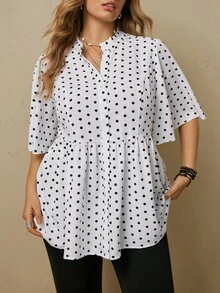 Freevana Plus Size Black And White Peplum Blouse With Button Front And Flared Short Sleeves For Summer Work Brunch Morning Casual Elegant - White - View 4