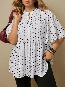 Freevana Plus Size Black And White Peplum Blouse With Button Front And Flared Short Sleeves For Summer Work Brunch Morning Casual Elegant - White - View 5