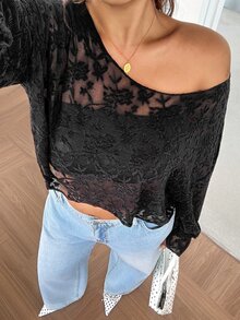 GalTyme Plus Size Women's Flocked Mesh Asymmetrical Shoulder Long Sleeve Loose Top Fall - Black - View 1
