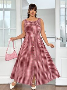 SHEIN EZwear Plus Size Summer Casual Plaid Front Button Sleeveless Dress - Multicolor - View 7