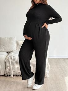 Plussiva 大尺碼純色長袖孕婦連身褲 秋季正式拍照用 哺乳友善 黑色休閒優雅寬鬆款 - 黑色 - 查看 5