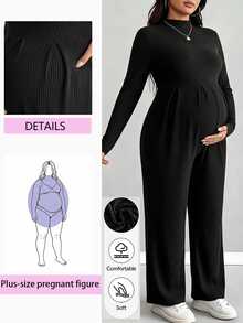 Plussiva 大尺碼純色長袖孕婦連身褲 秋季正式拍照用 哺乳友善 黑色休閒優雅寬鬆款 - 黑色 - 查看 3