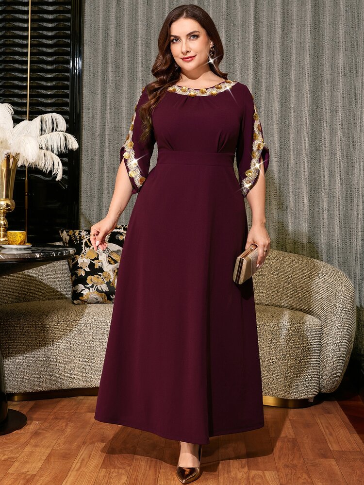 Reflora Plus Size Women's Dress, Elegant Traditional Romantic Long Dark Purple Ribbon Patchwork Party Formal Mother Of The Bride Wedding Summer - Purple - View 1