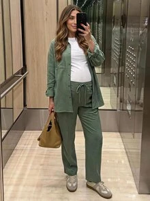 SHEIN Maternity Solid Color Single-Breasted Long Sleeve Top And Adjustable Waist Long Pants Casual Daily 2 Pieces Set Fall - Green - View 1