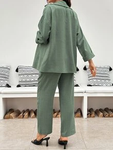 SHEIN Maternity Solid Color Single-Breasted Long Sleeve Top And Adjustable Waist Long Pants Casual Daily 2 Pieces Set Fall - Green - View 4
