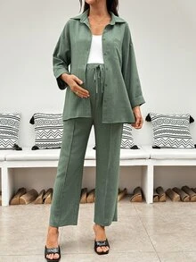SHEIN Maternity Solid Color Single-Breasted Long Sleeve Top And Adjustable Waist Long Pants Casual Daily 2 Pieces Set Fall - Green - View 8