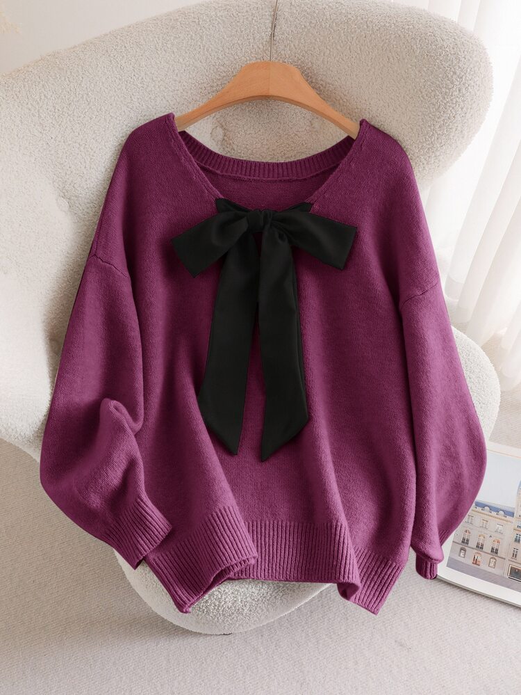 CosyJoli Plus Size Casual V-Neck Bowknot Tie Back Loose Pullover Sweater/Winter - Red Violet - View 7