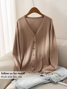 CosyJoli Plus Size Women's Casual Loose Solid Color Button-Up Long Sleeve Cardigan In Fall/Winter - Camel - View 15