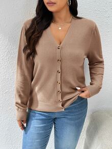 CosyJoli Plus Size Women's Casual Loose Solid Color Button-Up Long Sleeve Cardigan In Fall/Winter - Camel - View 12