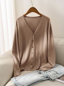 CosyJoli Plus Size Women's Casual Loose Solid Color Button-Up Long Sleeve Cardigan In Fall/Winter - Camel - View 13