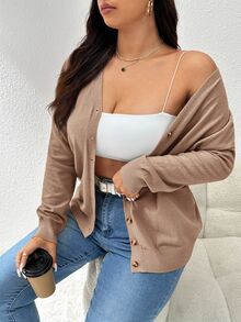 CosyJoli Plus Size Women's Casual Loose Solid Color Button-Up Long Sleeve Cardigan In Fall/Winter - Camel - View 7
