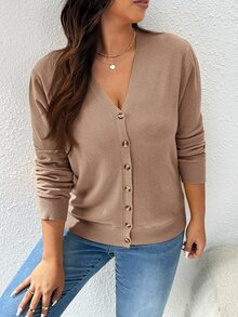 CosyJoli Plus Size Women's Casual Loose Solid Color Button-Up Long Sleeve Cardigan In Fall/Winter - Camel - View 8