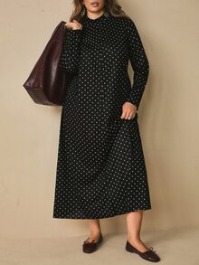Freevana 大尺碼女款波點印花長袖休閒洋裝 秋季 - 黑色 - 查看 10