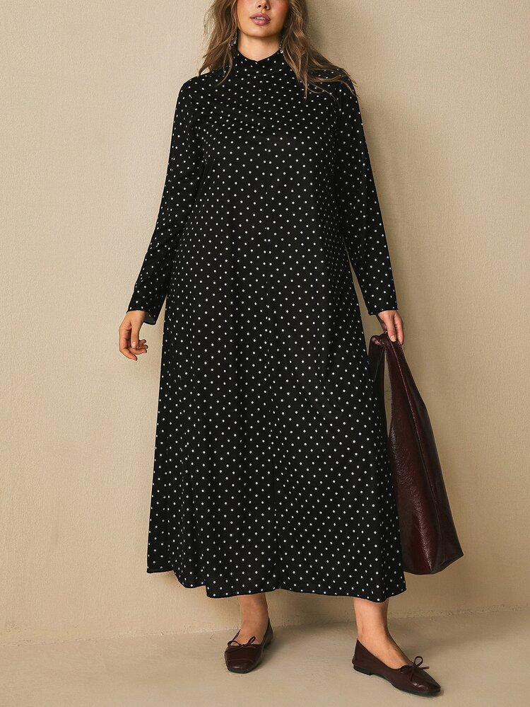 Freevana Plus Size Women's Polka Dot Print Long Sleeve Casual Dress Fall - Black - View 9
