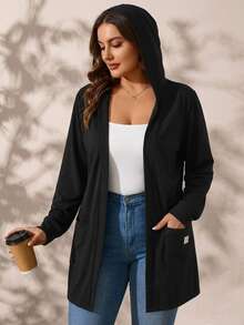 Reflora Plus Size Fashion Versatile Pocket Long Sleeve Knit Cardigan Fall - Black - View 2