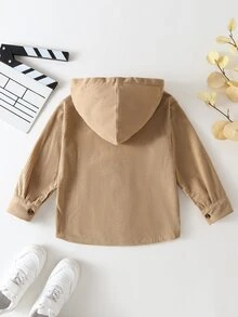 SHEIN 男童時尚休閒連帽外套，附口袋翻蓋裝飾，燈芯絨材質，適合日常休閒、外出、上學及各種場合，春秋季穿著 - 卡其色 - 查看 2