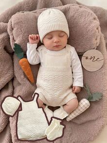 SHEIN Newborn Baby Jacquard Button Bodysuit, Socks And Hat 3 Pieces Set Autumn Fall - Beige - View 1