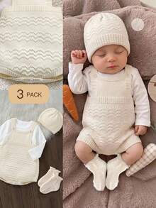 SHEIN Newborn Baby Jacquard Button Bodysuit, Socks And Hat 3 Pieces Set Autumn Fall - Beige - View 3