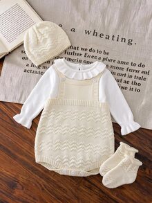 SHEIN Newborn Baby Jacquard Button Bodysuit, Socks And Hat 3 Pieces Set Autumn Fall - Beige - View 2