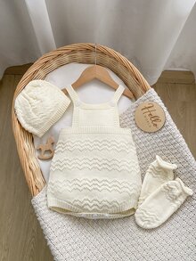 SHEIN Newborn Baby Jacquard Button Bodysuit, Socks And Hat 3 Pieces Set Autumn Fall - Beige - View 8