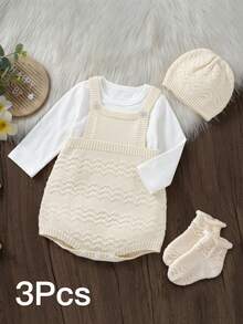 SHEIN Newborn Baby Jacquard Button Bodysuit, Socks And Hat 3 Pieces Set Autumn Fall - Beige - View 4