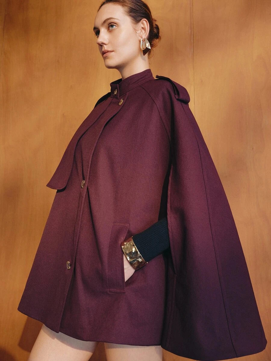 MOTF PREMIUM FASHIONABLE DESIGN ELEGANT COMMUTE CAPE SHAWL SMALL STAND COLLAR WOMEN'S TRENCH COAT