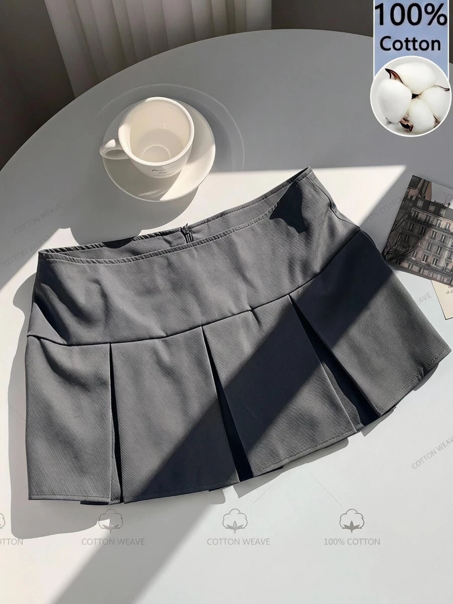 SHEIN EZwear 女款素色百褶休閒百搭日常穿著迷你裙 適合校園、日常、音樂會 深灰色 秋季 - 淺灰色 - 查看 1