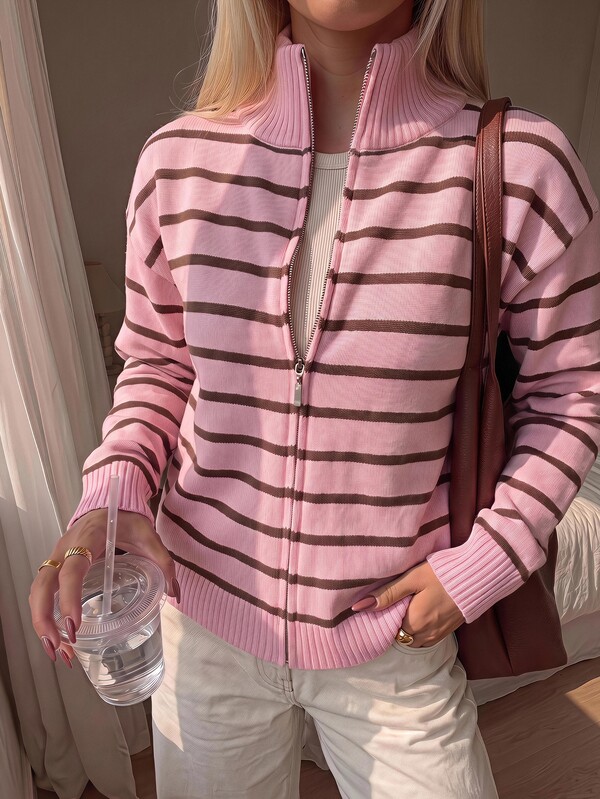 CovetEZ Autumn New Pink Striped Zipper Cardigan For Women, Autumn Top, Suitable For Daily Commute, Date, Party, Autumn/Winter/Summer, Christmas, New Year, Thanksgiving, Party, Wedding, Beach, Graduation Ceremony, Fashion, Commute, Shiny, Valentine's Day, Elegant, Vacation, Casual, Y2K, Outing, Graduation Ceremony And Other Occasions