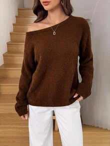 Easowa 新款秋冬女款軟糯甜美性感極簡優雅慵懶休閒寬鬆毛茸茸針織套頭毛衣，咖啡棕色，適合早午餐、夜晚外出 - 鏽棕色 - 查看 1