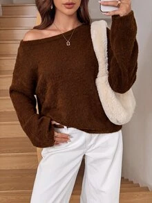 Easowa 新款秋冬女款軟糯甜美性感極簡優雅慵懶休閒寬鬆毛茸茸針織套頭毛衣，咖啡棕色，適合早午餐、夜晚外出 - 鏽棕色 - 查看 5