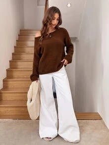 Easowa 新款秋冬女款軟糯甜美性感極簡優雅慵懶休閒寬鬆毛茸茸針織套頭毛衣，咖啡棕色，適合早午餐、夜晚外出 - 鏽棕色 - 查看 6