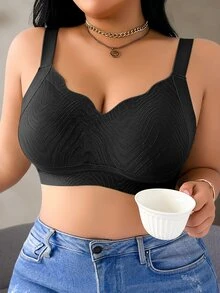 SHEIN 1 件大码女士无缝弧形无钢圈文胸大码文胸支撑压缩文胸塑身文胸全覆盖文胸，提升 - 黑色 - 查看 3