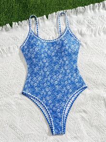Swim Mod 夏季新款歐美風性感高衩紅色幸運魚印花拼接包邊貝殼邊小胸托高雙肩帶連身泳衣，適合女性與女孩，甜美清新顯瘦，適用溫泉、海灘、度假、生日派對 - 藍色 - 查看 4