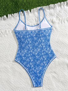 Swim Mod 夏季新款歐美風性感高衩紅色幸運魚印花拼接包邊貝殼邊小胸托高雙肩帶連身泳衣，適合女性與女孩，甜美清新顯瘦，適用溫泉、海灘、度假、生日派對 - 藍色 - 查看 2
