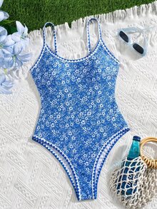 Swim Mod 夏季新款歐美風性感高衩紅色幸運魚印花拼接包邊貝殼邊小胸托高雙肩帶連身泳衣，適合女性與女孩，甜美清新顯瘦，適用溫泉、海灘、度假、生日派對 - 藍色 - 查看 3