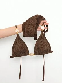 Bonvoyette 春夏性感咖啡棕紋理提花面料比基尼三角細肩帶甜美女孩開衩泳衣，適合小胸托高顯瘦修身時尚比基尼，附不對稱珠飾配件，三角上衣，適用海灘度假、溫泉、蜜月、休閒假日半日穿搭泳裝 - 咖啡棕 - 查看 4