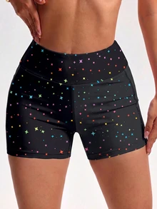 SHEIN Sports Women's Plus Size Star Print High Waist Sports Shorts With Pockets Gym Active Black Summer - Black - View 5