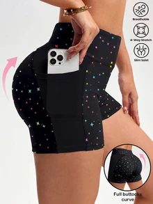 SHEIN Sports Women's Plus Size Star Print High Waist Sports Shorts With Pockets Gym Active Black Summer - Black - View 1