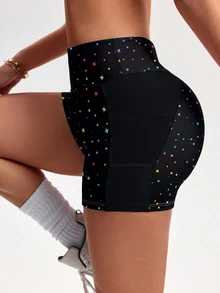 SHEIN Sports Women's Plus Size Star Print High Waist Sports Shorts With Pockets Gym Active Black Summer - Black - View 4